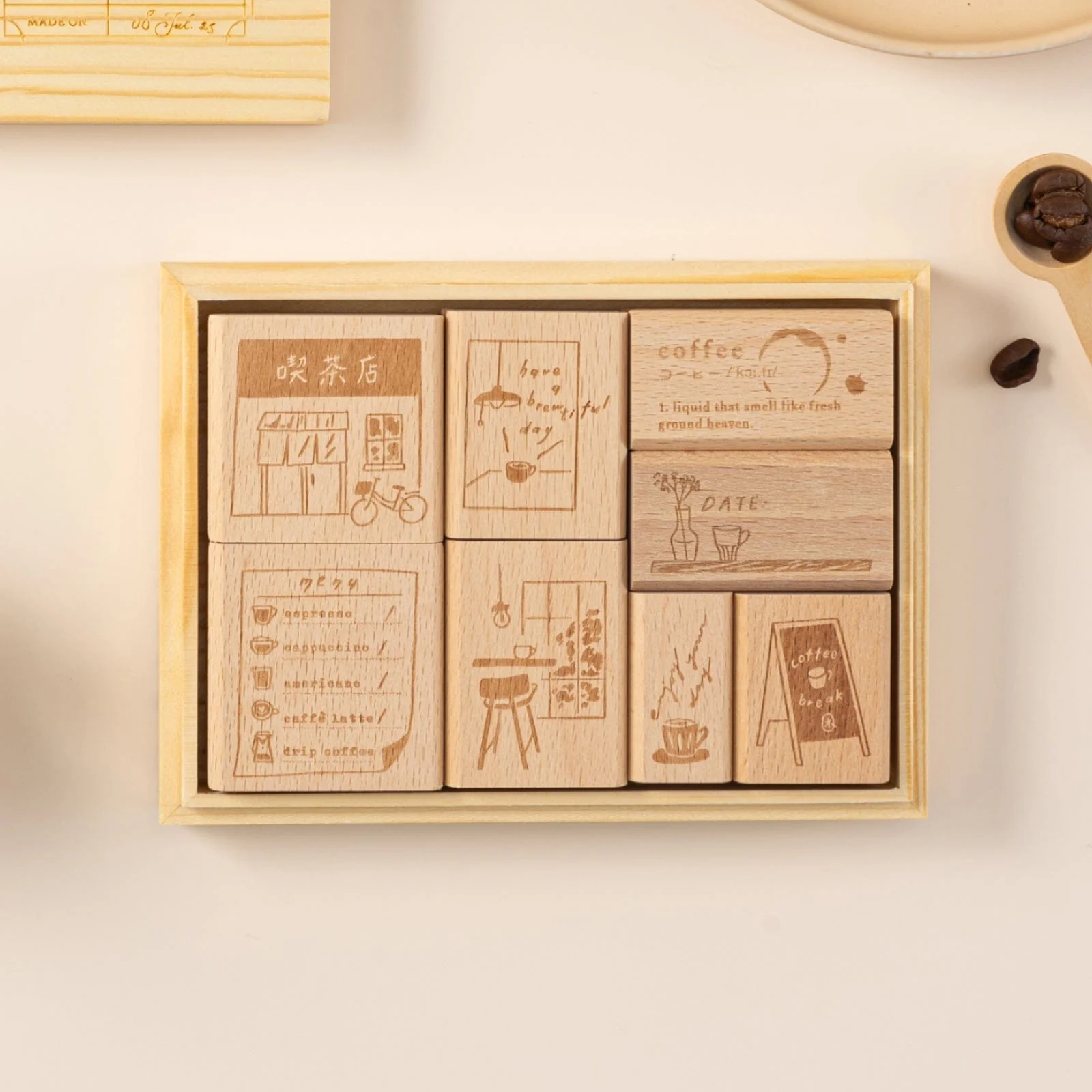 Hinoki - ‘Into the Cafe' Engraved Wooden Stamps Set - Image 2